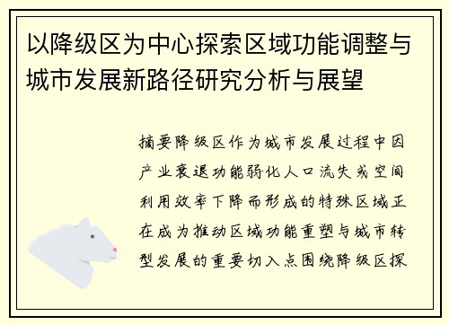 以降级区为中心探索区域功能调整与城市发展新路径研究分析与展望