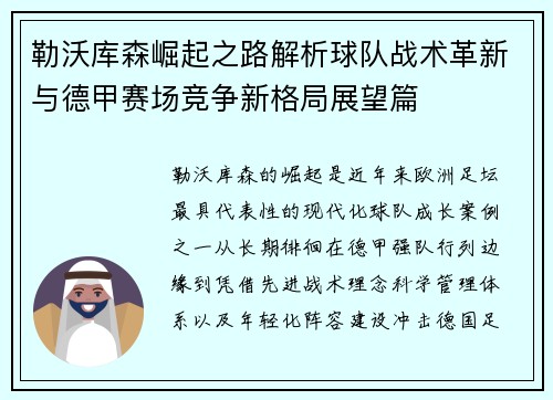 勒沃库森崛起之路解析球队战术革新与德甲赛场竞争新格局展望篇