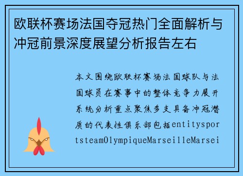 欧联杯赛场法国夺冠热门全面解析与冲冠前景深度展望分析报告左右